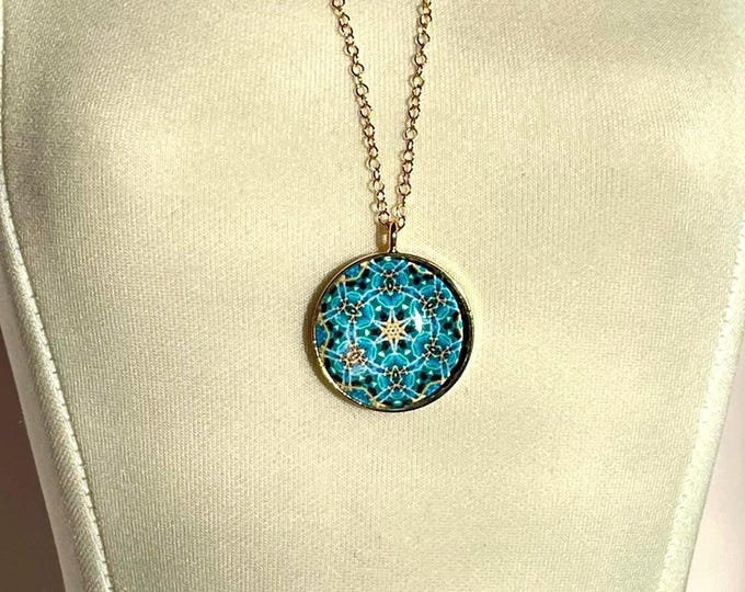 Ana's Garden Pendant, Vibrant Design Set in Glass with 16" -18" adjustable Gold filled Necklace