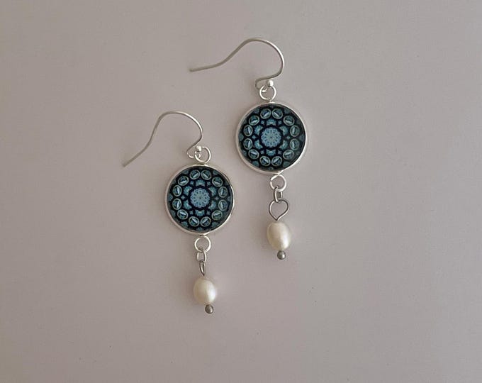 Stain Glass Inspired, Dangle Earrings with Freshwater Pearl, Original Design from photo of St Jerome's Church, Rogers Park, Chicago