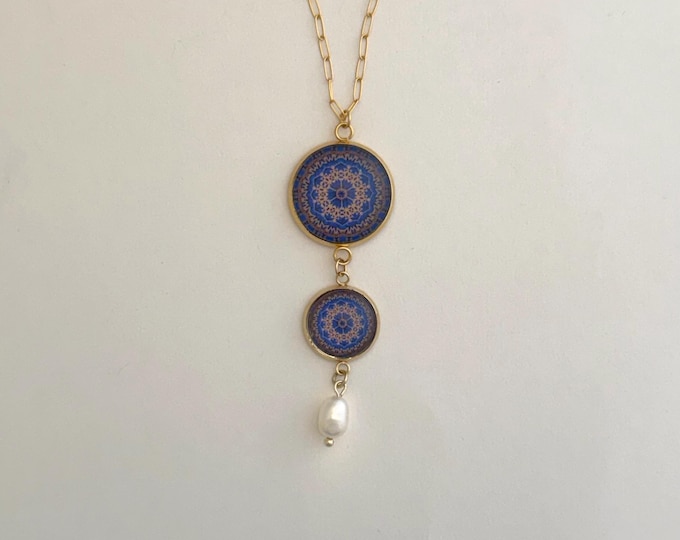 Notre Dame Rose Window Glass Cabochon Pendant Necklace with Freshwater Pearl on 18" Gold-filled Paperclip Chain
