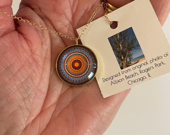 Vibrant Glass and Gold Pendant on 16" - 18" Gold filled Chain. Designed from photo of Chicago Beach.