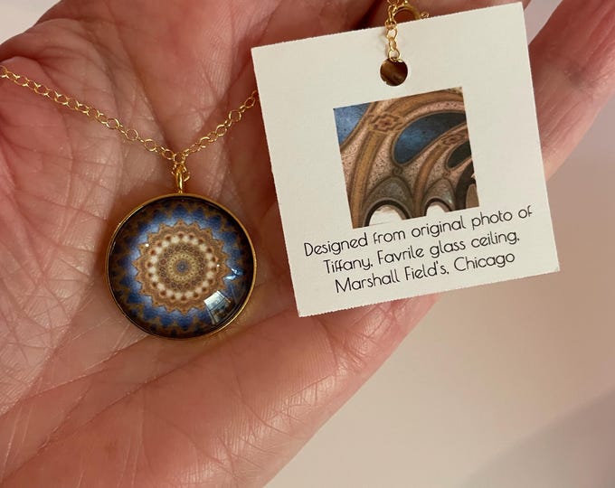 Marshall Field's Tiffany Dome Inspired Pendant, Glass Cabochon set in Gold or Silver plated bezels on 16" - 18" adjustable necklace.