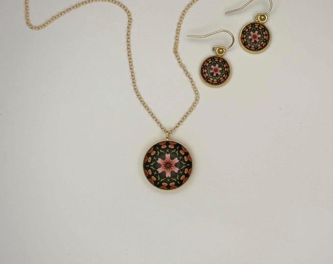 Red Cone Flower & Zebra Longwing Butterfly Inspired Necklace and  Earrings, Original Designs set in Glass. Buy as Set or Separates.