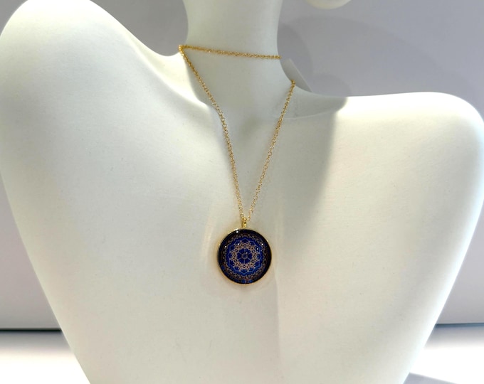 Notre Dame Rose Window Glass Cabochon Pendant Necklace with Freshwater Pearl on 16" - 18" Gold-filled Chain
