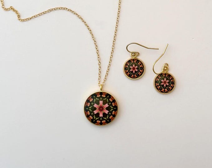 Red Cone Flower & Zebra Longwing Butterfly Inspired Necklace and  Earrings, Original Designs set in Glass. Buy as Set or Separates.