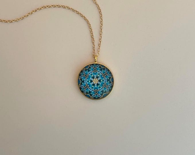 Ana's Garden Pendant, Vibrant Design Set in Glass with 16" -18" adjustable Gold filled Necklace