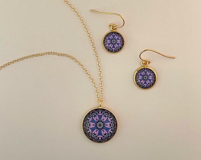 Water Lily Inspired Necklace &  Earrings, Original Designs set in Glass. Available in Gold and Silver. Buy as Set or Separates.