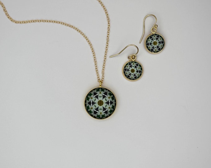 Pow Wow White Cone Flower  & Butterfly Inspired Necklace and  Earrings, Original Designs set in Glass. Buy as Set or Separates.