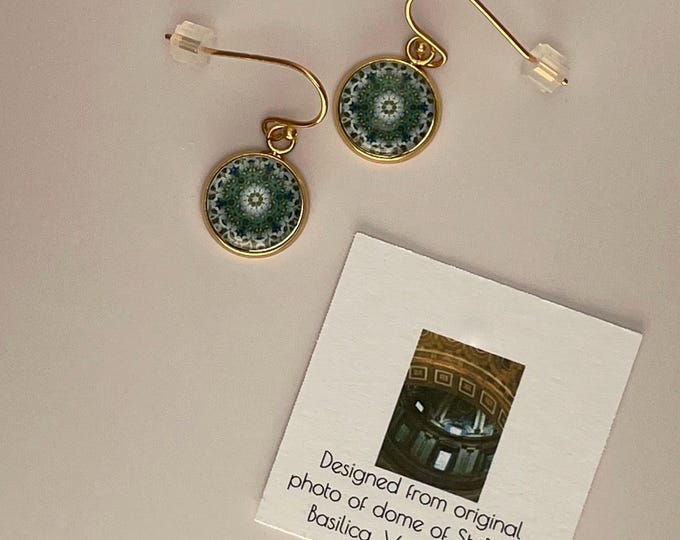 Glass & Gold plated French Hook Earrings with Stunning Design Created from Photo of St Peter's Dome, Vatican City. Beautiful to Gift!