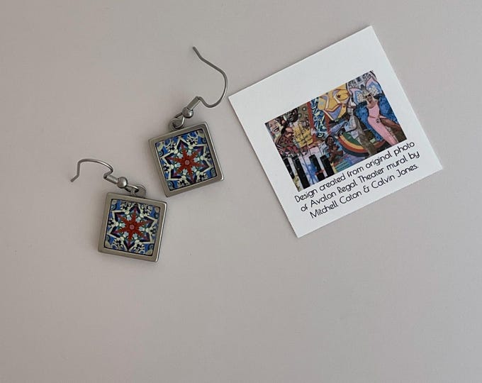 Square Dangling Earrings with Bold Design from photo of the "Bright Moments, Memories of the Future" Mural at Avalon Regal Theater, Chicago