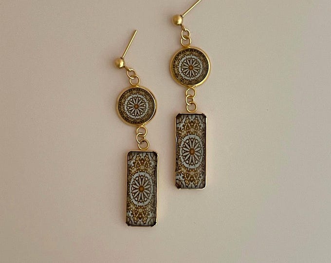Chicago Cultural Center, Tiffany Dome Inspired, Double-drop, Rectangle Dangle Earrings, Stunning Design Set in Glass and Gold-plated Steel