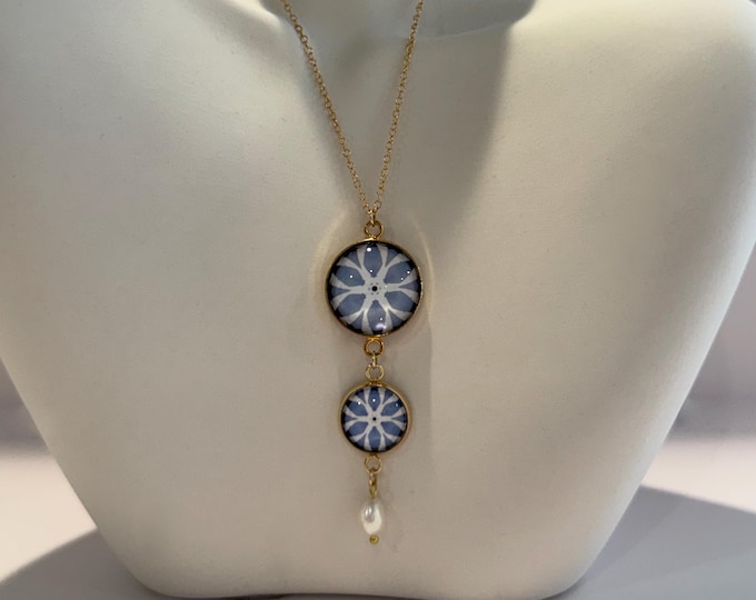 Lake Michigan Gold-Plate & Glass Cabochon Pendant Necklace with Freshwater Pearl on Adjustable 16" - 18" Gold-filled Chain