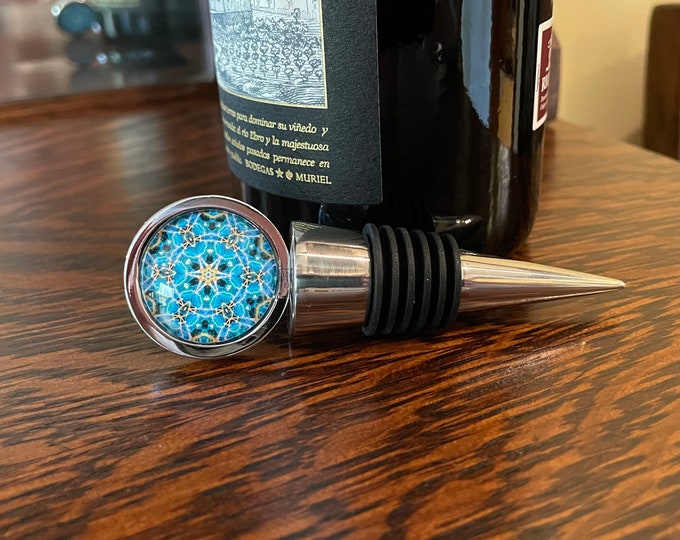 Morning Garden  Wine/Bottle Stopper, Original Designs set in Glass on Food-grade Stainless Steel, Intricate details in Blue-green and gold