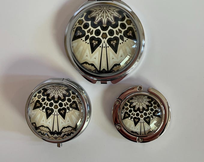 Handbag Accessories (Mirror, Pillbox, Handbag Hook) with Classic, Original Designs Set on Stainless Steel Base, Functional and Fabulous