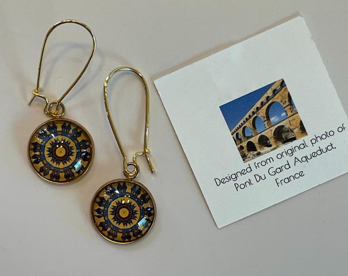 Vivid, Bold, Pont du Gard, France Inspired Earrings, Original Design on Glass set on Gold-Plated Steel on Kidney Hoop