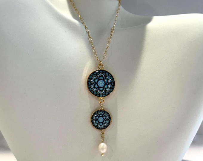 St Jerome's Glass Cabochon Pendant Necklace with Freshwater Pearl on 18" Gold-filled Paperclip Chain