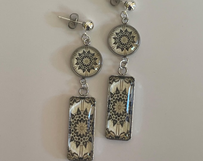 Baha'i Temple Inspired, Double-drop, Rectangle Dangle Earrings, Stunning Design Set in Glass and Steel