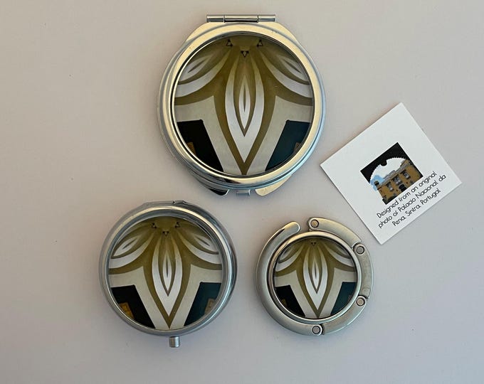 Handbag Accessories (Mirror, Pillbox & Handbag Hook) with Vivid, Original Design Set on Stainless Steel Base, Buy 1 or all 3!