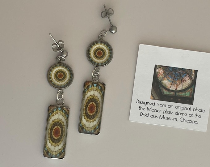 Driehaus, Maher Dome Inspired, Double-drop, Rectangle Dangle Earrings, Stunning Design Set in Glass and Steel