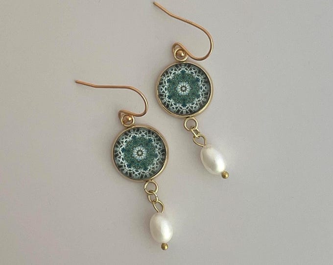 Glass & Gold plated French Hook Earrings with Freshwater Pearls, .5" Glass Design created from photo of St Peter's Dome, Vatican City.