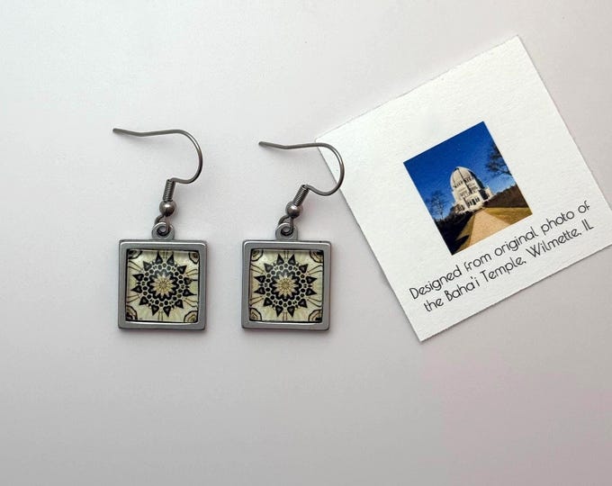 Square Dangling Earrings with Classic, Original Design from photo of the Baha'i House of Worship, Wilmette, IL.