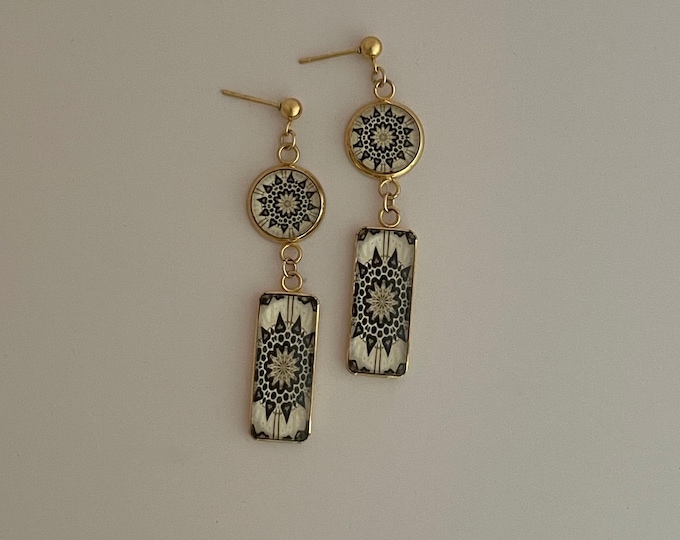 Baha'i Temple Inspired, Double-drop, Rectangle Dangle Earrings, Stunning Design Set in Glass and Gold-plated Steel