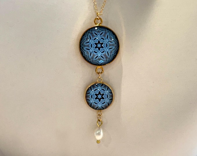 Amalfi Coast inspired Cabochon Pendant Necklace with Freshwater Pearl on 16" - 18" Gold-filled Adjustable Chain