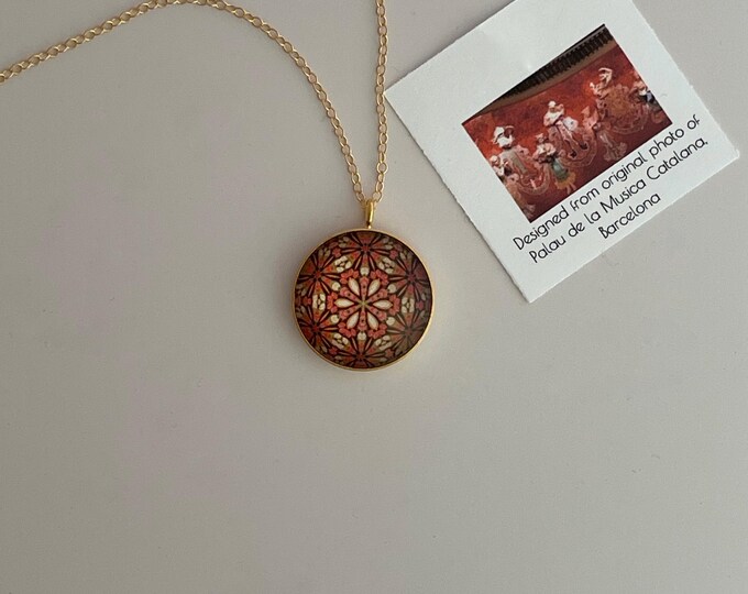 Catalana Inspired Pendant, Vibrant Design on Glass Cabochon set in Gold filled bezel