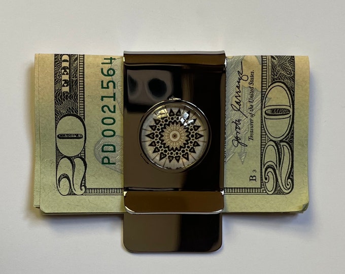 Mirror-finished Stainless Steel Money Clip With Design from Original Photo of the Baha'i Temple Set in 16mm Glass Cabachon