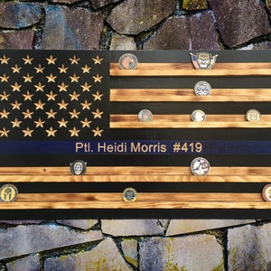 Thin Blue Line Challenge Coin Holder Police Wooden Flag 19.5 x 36 1/8 5 coin slots Rustic American Flag