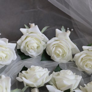 Real Touch Ivory Rose Boutonnieres, Fake Flowers Wedding Boutonniere & Wedding Corsage, Artificial Flowers Wedding Homecoming Prom Corsage