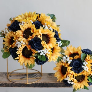 Faux Wildflowers Bridal Bouquet, Yellow Navy Wedding Bouquet, Spring Summer Bouquets, Sunflowers, Roses, Baby&#39;s Breath, Real Touch Flowers
