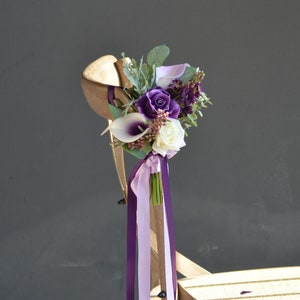 Aritificial Purple Wedding Aisle Decoration, Purple Pew Flowers, Real Touch Calla Lilies, Roses, Lilac Chair Decor Flowers