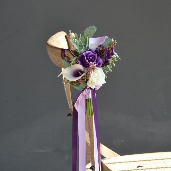 Aritificial Purple Wedding Aisle Decoration, Purple Pew Flowers, Real Touch Calla Lilies, Roses, Lilac Chair Decor Flowers