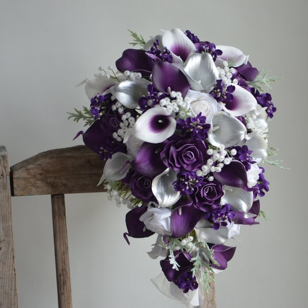 Faux Silver Purple Flowers Cascading Bridal Bouquet, Plum Bridesmaids Bouquet, Real Touch Calla Lily, Rose, Handmade Bouquet/Corsages