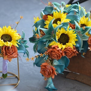 Artificial Yellow Sunflowers, Teal Bridal Bouquet, Burnt Orange Roses, Teal Calla Lilies, Teal Tiger Lilies, Fall Autumn Wedding Flowers