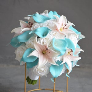 Pink White And Turquoise Wedding Bouquets, Real Touch White Roses, Calla Lilies, Pink Tiger Lily, Boutonnieres, Bridesmaid Bouquets