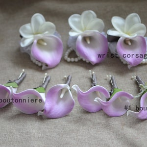 Purple Boutonnieres, White Plumerias, Purple calla Corsages, Calla Lily Groom Boutonnieres, Real Touch Calla Lilies Boutonnieres