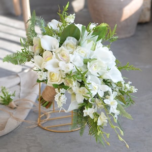 White Greenery Bridal Bouquets, White Beach Wedding Bouquet, Real Touch White Roses, White King Protea, Green Tropical Bouquet