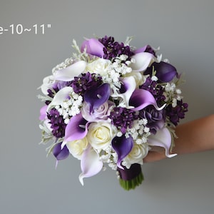 Faux Lilac Purple Wedding Bouquets, Faux Real Touch Calla Lilies, Roses, Lilacs, Artificial Flowers Bridal Bridesmaids Bouquets, Boutonieres