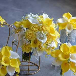 Yellow Navy Bride Bouquet, Yellow Bridesmaids Bouquets, Real Touch Calla Lilies, Yellow Roses, Yellow White Navy Wedding Bouquets