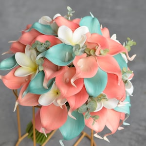 Coral Pink Turquoise Bridal Bouquets, Real Touch Calla lilies, White Plumerias, Coral Beach Bridesmaids Bouquets, Turquoise Boutonnieres