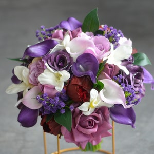 Lilac Purple Wedding Bouquets, Real Touch Calla Lilies, Roses, White Orchids, Purple Baby&#39;s Breath, Plum Bridesmaids Bouquets, Boutonieres