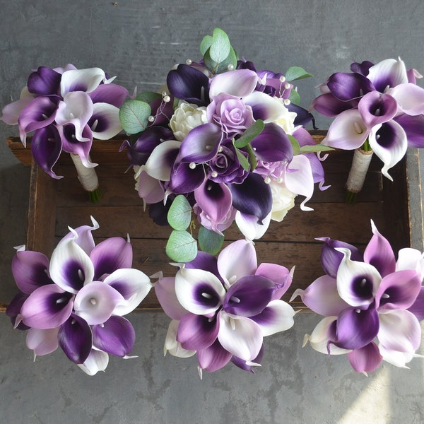 Purple Bridal Bouquet, Lavender Rustic Lilac Silk Bridal Bouquet, Lilac Real Touch Calla Lilies, Purple Bridesmaids Bouquets