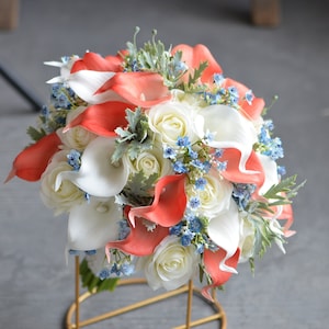 Coral Bridal Bouquet, Rustic Silk Bridal Bouquet, Real Touch Calla Lilies, Ivory White Roses, Blue Baby&#39;s Breath