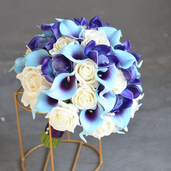 Purple Turquoise Blue Bride Bouquet, Real Touch Calla Lilies, Ivory Roses, Beach Wedding Bouquet, Blue Boutnnieres, Flower wand