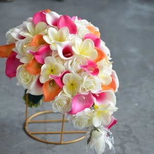 Hot Pink Bridal Bouquets, Orange Faux Real Touch Flowers, Hot Pink Calla Lily Wedding Bouquets, Fuchsia Boutonnieres, Hot Pink Corsages
