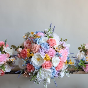 Fake Wildflowers Bridal Bouquet, Colorful Spring Summer Wedding Bouquets, Peony, Ranunculus, Rose, Daisies, Lilacs, Lavender/Coral/Blue