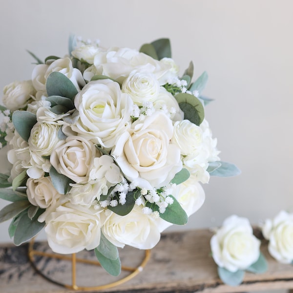 Faux White Flowers Greenery Wedding Bouquets, Real Touch Roses, Lamb's ears, Spring Summer Rustic Bridal Bouquet, White Boutonniere, Corsage