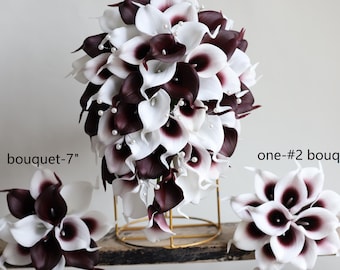 Faux Flowers Bridal Bouquet Design in Dark Burgundy Real Touch Calla lilies, Dark Red Wedding Bouquets, Picasso Calla Lily Boutonniere