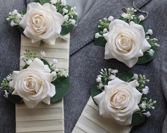 Off White Rose Boutonniere: Faux Real Touch Wedding Corsage